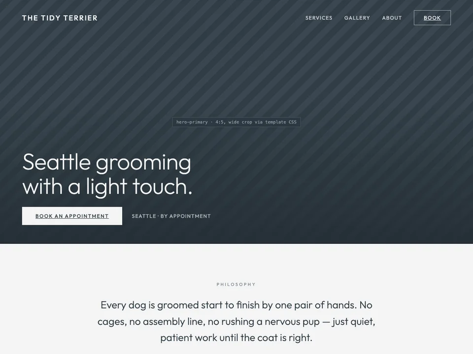 The Overlook template, a full-bleed photograph under a quiet wordmark