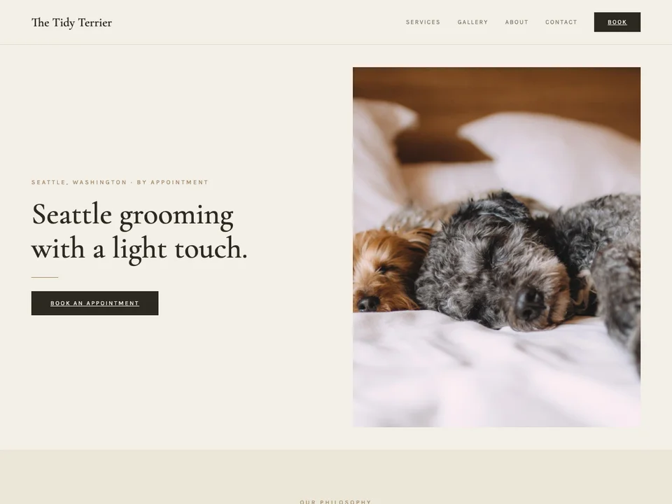 The The Spa template, a calm, generously spaced page with a price list